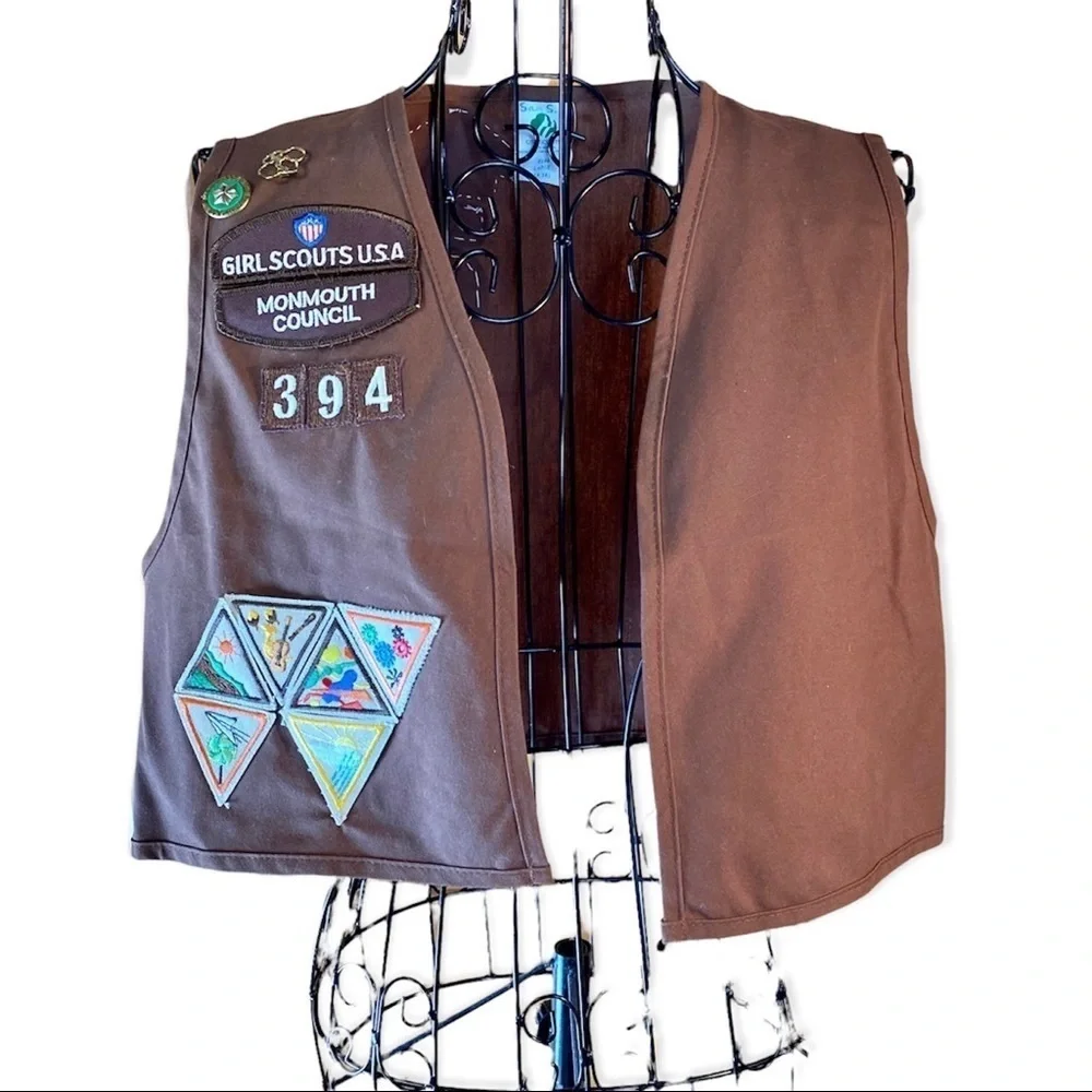 Vintage Girls Scouts USA Brownies Vest Pins Monmouth Council Y2K Brown Large